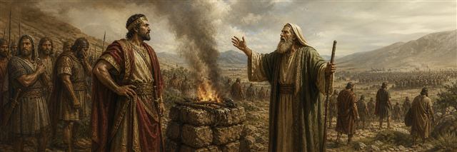 Samuel confronting Saul beside a smoking altar as soldiers depart